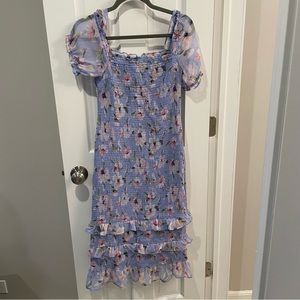 Abercrombie Light Blue/Pink Floral Smocked Midi Dress size Medium